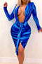 new stylish autumn deep v-neck lace-up stretch fit slim dress_Rose Red_Blue