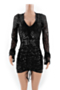 plus size 4 colors deep v-neck nightclub mesh sequin feather stretch slim dress_Black