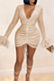 plus size 4 colors deep v-neck nightclub mesh sequin feather stretch slim dress_Black_White_Red_Beige