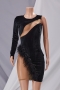 new stylish one sleeve solid color spliced mesh feather sexy stretch slim dress_Black