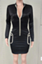 three colors autumn new stylish solid color zip-up pockets stretch slim dress_Black