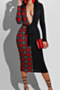 new stylish lattice batch printing deep v-neck three colors slim dress (with belt)_Red
