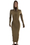 plus size solid color zip-up autumn hooded simple new fashion slim dress_Khaki 