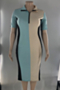 oversize contrast color spliced stretch high turndown collar zip-up stylish dress_Light Green_Sky Blue