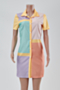 plus size contrast color spliced inelastic single-breasted stylish shirtdress_Pink_Yellow