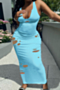 plus size solid color stretch low-cut holes sexy dress_White_Yellow_Red_Black_Sky Blue