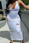 plus size solid color stretch low-cut holes sexy dress_White