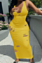 plus size solid color stretch low-cut holes sexy dress_White_Yellow