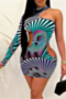 plus size long sleeve printing hollow out new stylish slim sexy dress_Purple_Red_Magenta_Sky Blue
