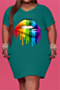 plus size multicolor lip printing 6 colors v-neck simple loose oversized casual dress_White_Magenta_Red_Green