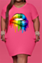 plus size multicolor lip printing 6 colors v-neck simple loose oversized casual dress_White_Magenta