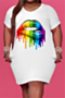 plus size multicolor lip printing 6 colors v-neck simple loose oversized casual dress_White