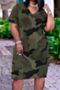 plus size summer camo batch printing v-neck new stylish loose dress_Dark Green