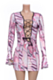 plus size new stylish batch print flare sleeve hollow out lace-up sexy bodycon dress_Black_Multicolor