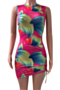 plus size summer multicolor batch printing sleeveless laced hollow out slim dress_Magenta