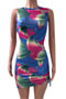 plus size summer multicolor batch printing sleeveless laced hollow out slim dress_Magenta_Orange_Blue