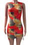 plus size summer multicolor batch printing sleeveless laced hollow out slim dress_Magenta_Orange