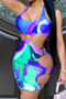 summer 3 colors plus size multicolor batch printing circle ring connected sexy slim dress_Blue