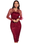 v-neck plus size sexy mesh long-sleeve stitching sequins elegant split dress_Rose Red