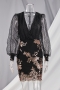 sequin embroidered plus size sexy mesh long-sleeve v-neck evening dress_Black