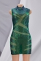 new style sexy sleeveless sequined embroidered stitching mesh stand-up collar evening dress_Green