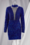 new mesh stitching sequin embroidered stand-up collar sexy fashion elegant evening dress_White_Dark Blue