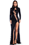new style sequins embroidered fringed stitching mesh sexy high slit gown_Black