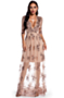 four colors sequin embroidered stitching mesh deep v-neck retro gown_Pink_Green_Beige