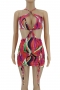 plus size sexy batch printing hollow out shirring stretch mini dress_Yellow_Red