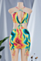 plus size sexy batch printing hollow out shirring stretch mini dress_Yellow