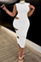 three colors summer high collar plus size shoulder pad hollow out stretch midi dress_White