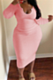 plus size 4 colors solid color xl-4xl autumn new style v-neck long sleeve stretch midi dress_White_Pink