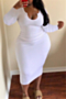 plus size 4 colors solid color xl-4xl autumn new style v-neck long sleeve stretch midi dress_White