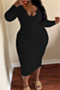 plus size 4 colors solid color xl-4xl autumn new style v-neck long sleeve stretch midi dress_White_Pink_Orange_Black