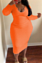 four colors solid color autumn new style v-neck long sleeve stretch midi dress_White_Pink_Orange