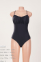sexy solid color padded shirring hollow one-piece swimsuit_Black