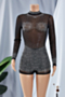 plus size 2 colors summer rhinestone long sleeve stretch mesh see through sexy playsuit_Black