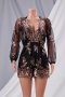new stylish deep v-neck sequin embroidered long sleeve mesh loose playsuit_Black