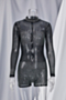 early autumn new plus size see through mesh stretch rhinestone decor zip-up back sexy skinny exquisite playsuit (without lining)_Black