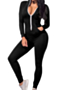 plus-size solid color hoodie zip-up pocket stretch simple tight jumpsuits_Black
