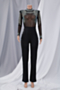 autumn new plus size three colors see through mesh spliced stretch shoulder-padded rhinestone tassel decor zip-up back sexy jumpsuit (without lining)_Black