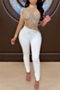 early autumn plus size stitching mesh see through rhinestone zip-up stretch sexy jumpsuit (random rhinestones) (new add colors)_White