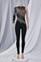 sexy plus size early autumn rhinestone mesh stitching silk see through stretch jumpsuit_Black