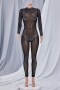 plus size autumn sexy zip-up rhinestone long-sleeve see-through micro-elastic mesh jumpsuit_Black