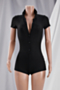 summer solid color ribbed fabric stretch turndown collar single-breasted stylish playsuit_Black