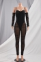 early autumn new stylish solid color  plus size stretch sling mesh see-through with lining sexy jumpsuit(with one pair of sleeves)_Black