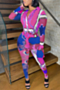 autumn new stylish multicolor printing stretch single-breasted casual jumpsuit_Purple