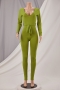 autumn new plus size solid color stretch v-neck stylish skinny jumpsuit with belt_Black_Light Green_Rose Red_Pink_Yellow_Green