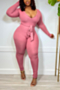 autumn new plus size solid color stretch v-neck stylish skinny jumpsuit with belt_Black_Light Green_Rose Red_Pink