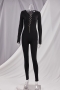 autumn new stylish solid color stretch zip-up plus size ribbed hollow metal chain lace-up sexy jumpsuit_Black